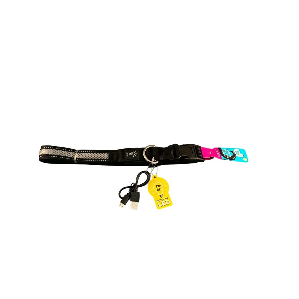 Play On! Safety LED Dog Collar‎ Large Black New USB Rechargeable Reflective